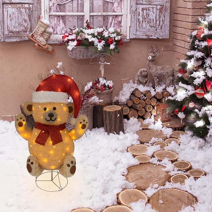 Lighted Christmas Bear Decorations, Pop-Up Bear Outdoor Yard Woodland Christmas Decor Prelit 70 Lights, Collapsible Lighted Bear Wears Santa Hat for Home Porch Yard Christmas Décor-Brown