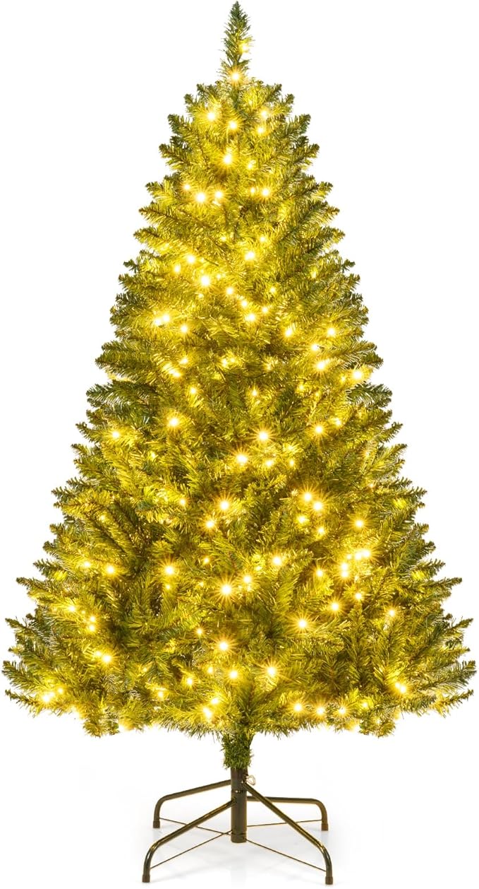 Goplus 5 FT Pre-Lit Artificial Christmas Tree, Hinged Xmas Tree with 510 Branch Tips, 400 Warm White LED Lights, 7 Lighting Modes & Folding Metal Stand, Seasonal Decoration Tree for Home Party Holiday