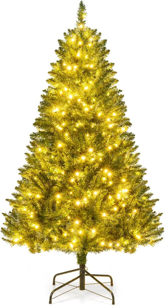 Goplus 5 FT Pre-Lit Artificial Christmas Tree, Hinged Xmas Tree with 510 Branch Tips, 400 Warm White LED Lights, 7 Lighting Modes & Folding Metal Stand, Seasonal Decoration Tree for Home Party Holiday