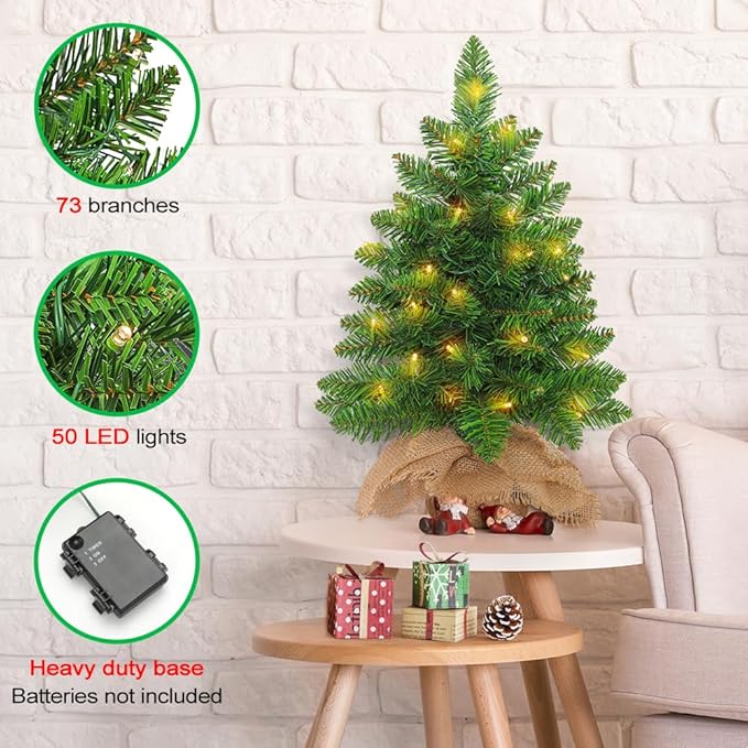 Small Christmas Tree with Lights,2ft Pre Lit Artificial Mini Xmas Tree for Tabletop,Outdoor,Bedroom,Office Decorations,Includes 50 Led Warm Lights,73 PVC Branch Tips,Green（Battery Operated）