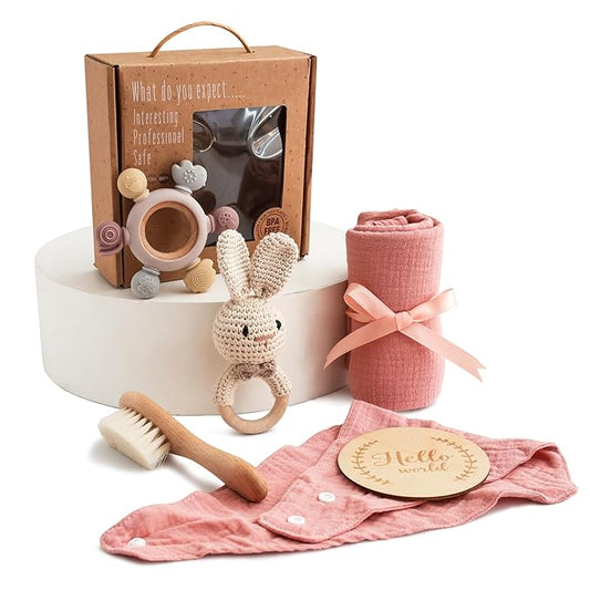 Baby Gift Set for Newborn, New Baby Bath Gift Set 6 Pcs, Baby Essentials Shower Set with Bath Towel, Teether, Rattle Toy, Drool Towel, Brush, Wooden Milestone for Girls Boy