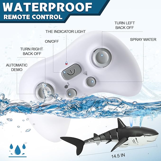 2.4Ghz Remote Control Shark Pool Toys for Boys Kids,Highly Realistic Shark Pool Toys for Kids,RC Boat Outdoor Water Toy with Light and Spray Water for Boys Girls Ages 6+ (with 2 Batteries)