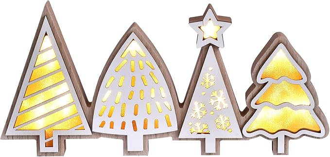 Christmas Tabletop Decorations, Lighted Wooden Christmas Tree Table Decor, Indoor Xmas Tree Block Sign with LED Lights, Farmhouse Winter Holiday Centerpiece for Mantel Shelf (White)