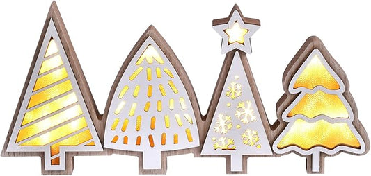 Christmas Tabletop Decorations, Lighted Wooden Christmas Tree Table Decor, Indoor Xmas Tree Block Sign with LED Lights, Farmhouse Winter Holiday Centerpiece for Mantel Shelf (White)