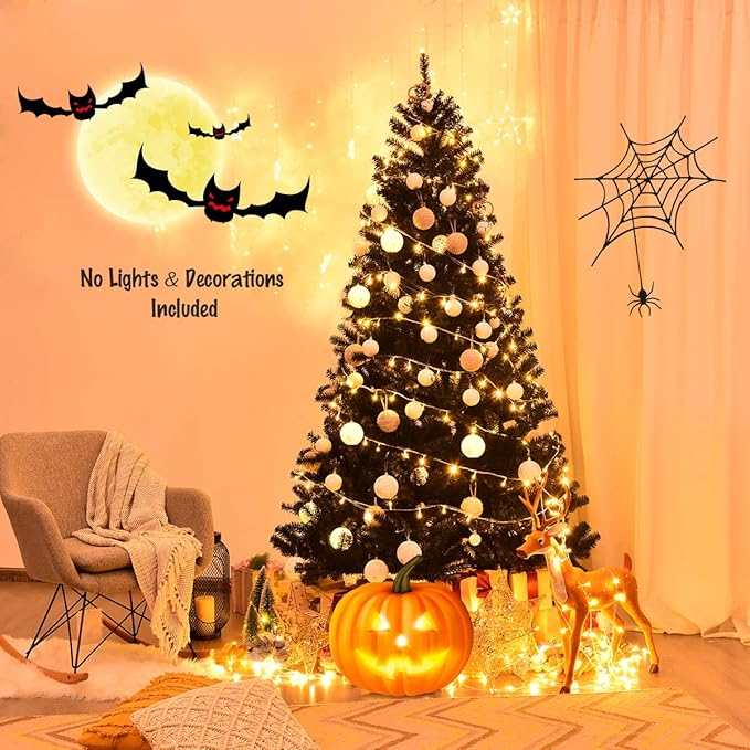 GOFLAME 7.5FT Artificial Halloween Christmas Tree, 1258 Branch Tips, PVC Needles, Xmas Hinged Pine Tree w/Solid Metal Legs, Unlit Halloween Christmas Tree for Indoor and Outdoor Decoration, Black