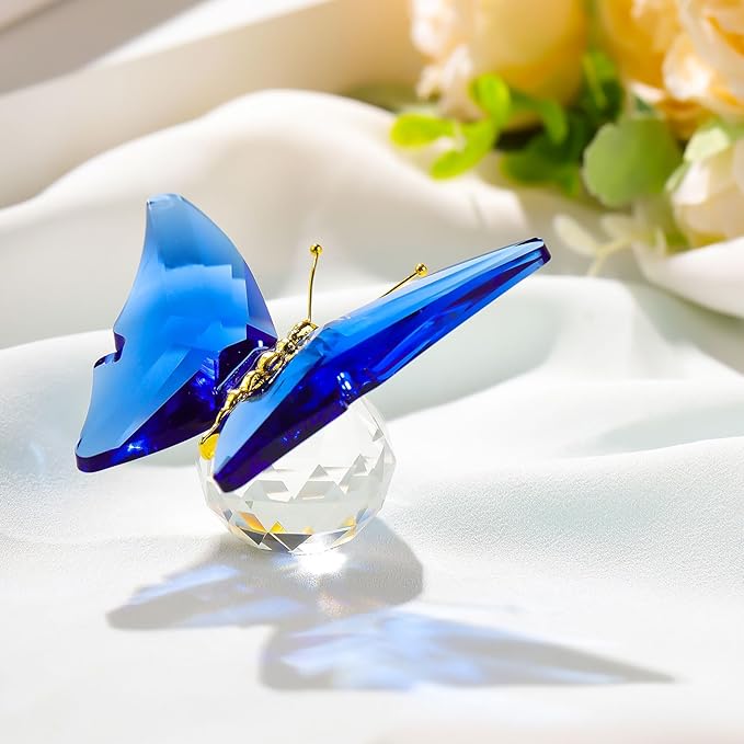 Movdyka Crystal Butterfly for Mom Women Metal Butterfly Room Decor Collection Figurine Blue Glass Butterfly Craft Desk Office Decorations Table Centerpieces