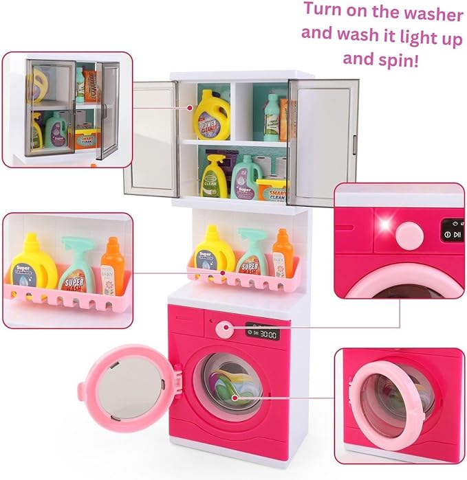 Doll Mini Bathroom Laundry Playset for Kids, House Furniture Pretend Play Toy Accessories Set with Realistic Lights & Sounds for Toddlers, Girls (4-in-1 Bathroom Set)