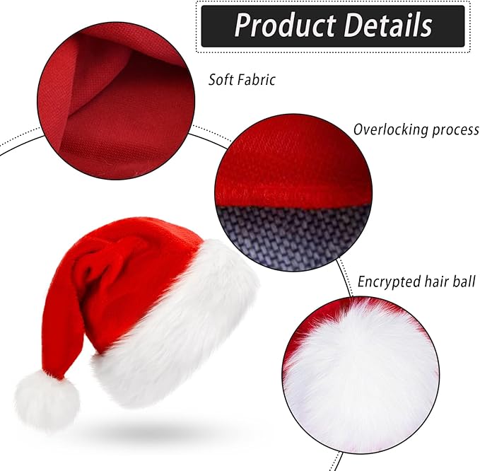 2 Pcs Santa Hat, Comfortable Velvet Red and White Christmas Hats for Christmas Party Decorations and Gifts, Adult Size