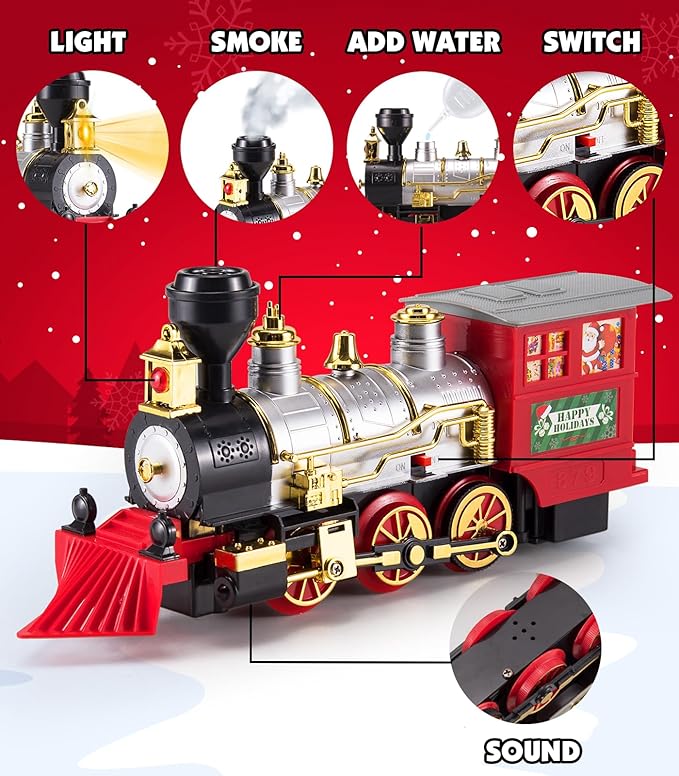 Electric Toy Train Set Around Christmas Tree, Classical Locomotive Engine w/Smokes, Lights & Sounds, Santa Claus Figure as Decoration, Gift for Kids Ages 3 and Up Boys Girls Toddler Children Presents