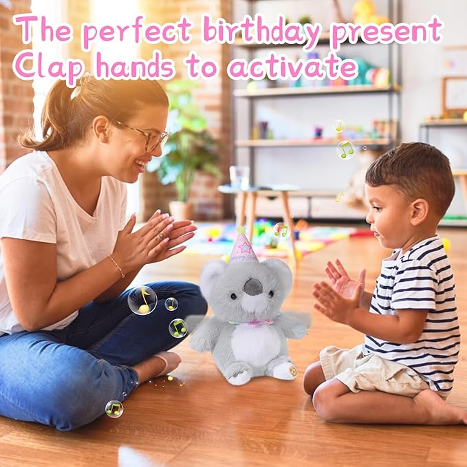 Birthday Koala Plush Toy Clap Activated with Voice Recording Singing Dancing Interactive Stuffed Animal Gift for Toddler Kids Boys Girls
