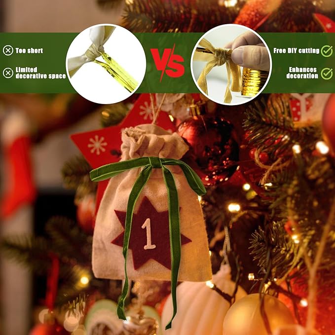 Velvet Bows for Christmas Tree, Vintage Velvet Ribbon Christmas Tree Bows with 50pcs Adhesive Dots 49ft Metal Tie, Ribbon Bows for Wreaths, Indoor Mantel, Gift Wrapping Decor - OliveGreen