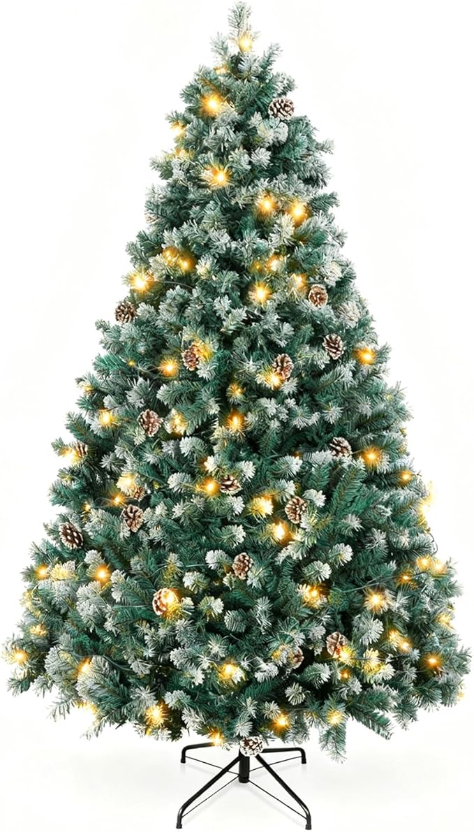 6FT Lighted Snow Christmas Tree, Partially Frosted Xmas Pine Tree with Pine Cones, White LED Lights, 800 PVC Branch Tips, Metal Stand and Hinged Branches for Home, Party Decoration