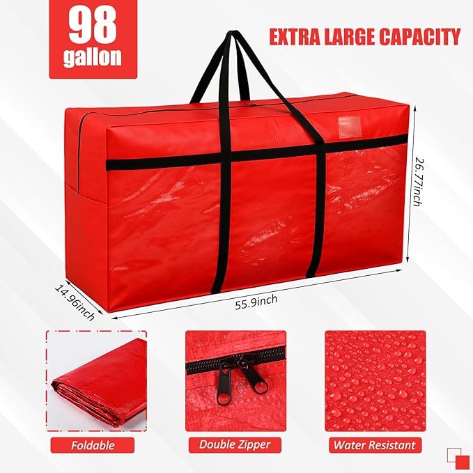 Windyun 4 Pack 98 Gallon Extra Large Storage Bags XXL Moving Bags with Zipper Handles Heavy Duty Jumbo Big Totes Box for Halloween Skeleton 4-12 Feet Christmas Tree Storage College Dorm Cloth (Red)