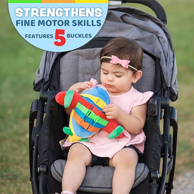 Buckle Toys Bolt Airplane Toys for Toddlers 1-3, Airplane Travel Essentials Kids Sensory Toy to Develop Fine Motor Skills and Learn Shapes and Colors, Includes Storage Pocket for Small Items