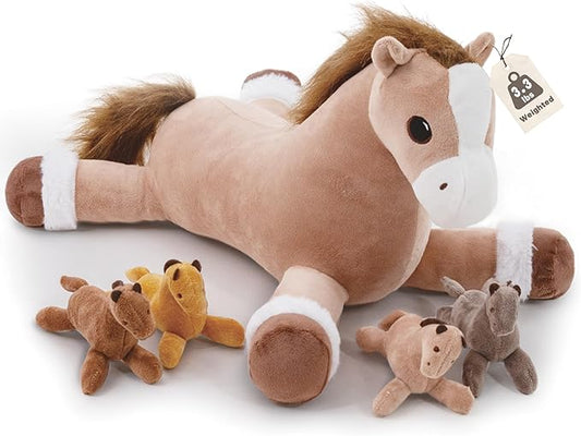 5Pcs Horse Stuffed Animal, Large Mommy Horse Stuffed Animal with Babies Inside, 3.3 lbs Weighted Pony Stuffed Animals, Soft Plush Toy for Kids Boys Girls on Birthday Children's Day Christmas