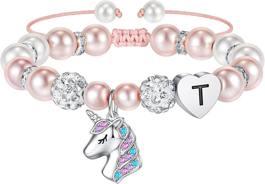 Hidepoo Christmas Gifts for Grandkids Girls - CZ Initial Unicorn Bracelet Adjustable Pink Pearl and Rhinestone Balls Heart Initial Unicorn Bracelets Jewelry Birthday Gifts for Girls Stocking Stuffers