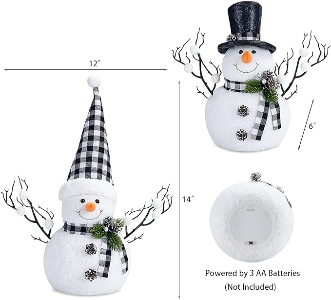 2 Pack Black and White Christmas Decor, 14" Lighted Snowmen Tree Buffalo Check Plaid Farmhouse Decorations, Table Centerpieces Rustic Gifts Tiered Tray Decor with for Christmas Party