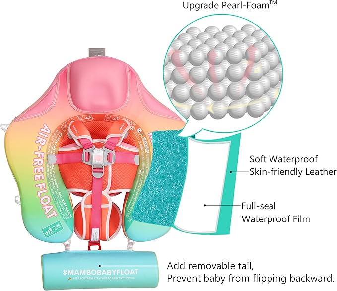 Mambobaby Float Add Tail Baby Swim Float with Canopy Solid Pool Infant Swim Trainer Swimming Training Lying Air Free Water Floats Non-Inflatable Waist Swim Ring for Toddlers (Rainbow)