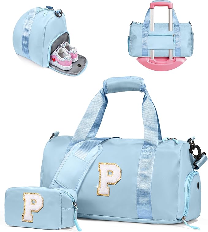 Christmas Gifts for Girls-Girl Gym Bag with Shoe Compartment, Kid Personalized Weekender Overnight Bags, Initial Travel Tote with Makeup Pouch, Gift for 8 Year Old Girl (Letter P)
