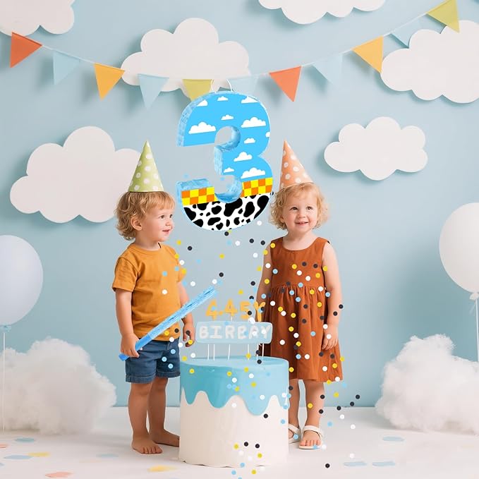 16 Inch Number 3 White Cloud Pinata with 16 Inch Piñata Stick Blindfold Confetti for Boy Girl Kids 3rd Birthday Party Decorations(3rd)