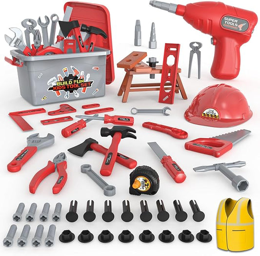 58-Piece Kids Tool Set with Realistic Power Toy Drill & Tool Box & DIY Stickers, Kids Construction Kits, STEM Pretend Play Boy Toys, for Toddlers Boy Ages 3-8