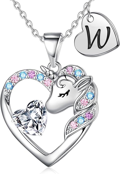 Necklace for Girls Kids Gifts - Colorful CZ Heart Initial Necklaces Unicorn Necklace for Girls Jewelry Birthday Graduation Gifts for Little Girl Kids
