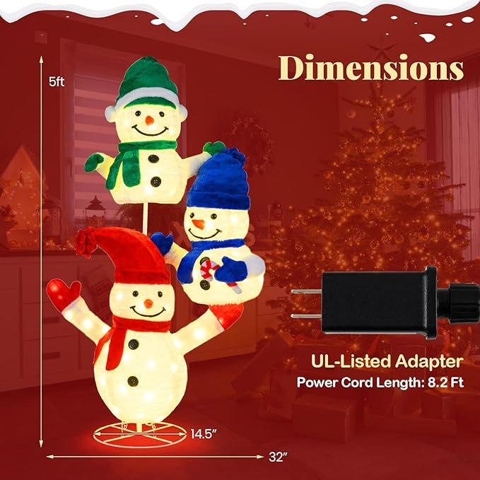 Tangkula 5 FT Christmas Lighted 3 Stacked Snowman Decoration, 3D Light-up Snowman with Ground Stakes & Zip Ties, Pre-Lit Xmas Holiday Snowman Decoration for Indoor Outdoor Home Yard
