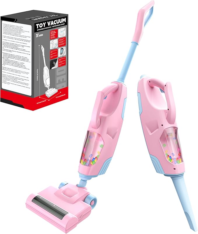 Toy Choi's 2-in-1 Kids Vacuum That Really Works - Toy Vacuum for Toddlers with Sound Effects, Pretend Play Kids Vacuum Cleaner, Household Housekeeping Toys for Boys Girls (Pink)