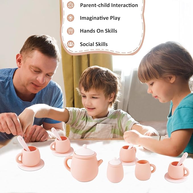 MCGMITT Silicone Tea Party Set, Toy Tea Set for Toddlers Kids, Includes Teapot, 4 Tea Cup and Coasters, Creamer, Sugar Bowl, 4 Spoon, Dishwasher Safe Pretend Teapot Set for Girls Boys Birthday Gifts