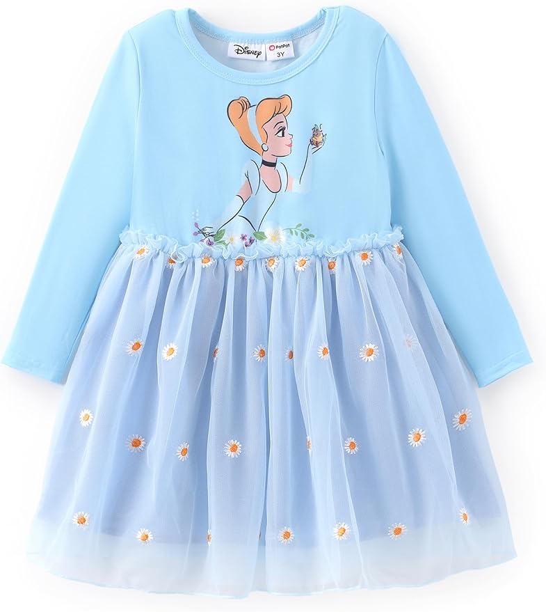 Disney Frozen Elsa Princess Cinderella Ariel Jasmine Rapunzel Baby/Toddler Dress, Ruffle Long-Sleeve Mesh Overlay Tulle Dress
