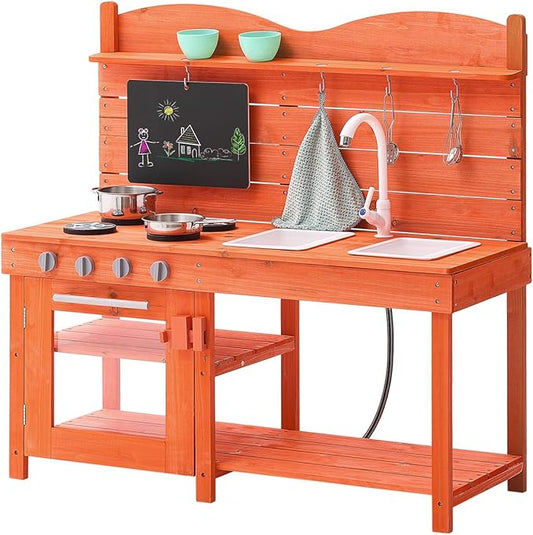 VEVOR Mud Kitchen for Kids, Wooden Toy Play Kitchen Set, Outdoor Toddler Grocery Store Playset for Boys & Girls, Pretend Play Kitchen with Stoves, Sink, Faucet, Blackboard, Cookware Pots, Accessories