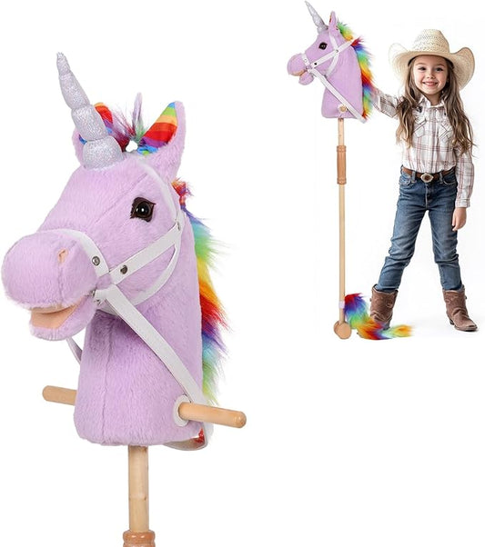 Plush Stick Horse with Wood Wheels Real Pony Neighing and Galloping Sounds Toy, Horse on A Stick for Toddlers & Preschoolers (AA Batteries Required)