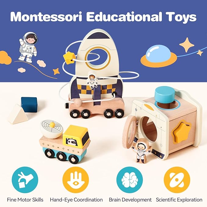 ibwaae Space Toys, Montessori Toys for 1 2 3 Year Old First Birthday Gift,Educational Learning Toys for Toddlers, Baby Toys with Shape Sorter Stacking