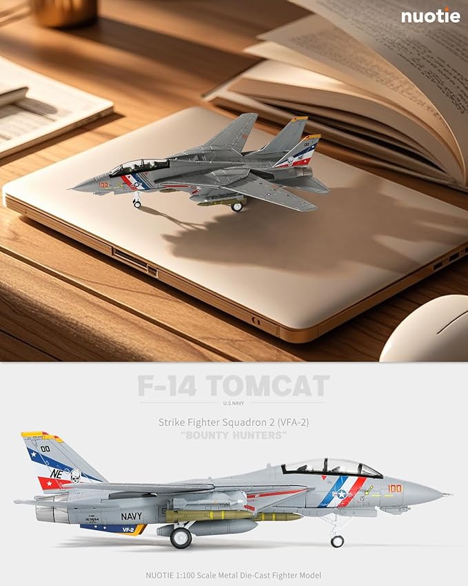 F-14A Tomcat 1/100 Metal Airplane Model Kits with Stand VF-2 Bounty Hunters DieCast Alloy Fighter Model Jet Pre-Build Military Aircraft Collection for Display or Gift