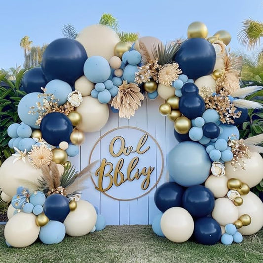 Navy Blue Balloon Garland Double Stuffed Dusty Blue Gold White Sand Balloons Beige Cream Metallic Latex Arch Kit for Neutral Baby Shower Gender Reveal Birthday Wedding Graduation Party Decorations