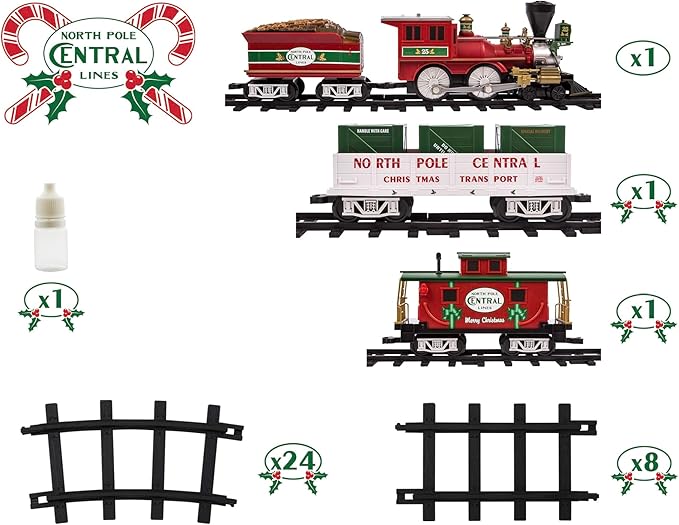 Lionel Battery-Operated North Pole Central Freight Toy Train Set with Bluetooth, Locomotive, Train Cars, & Track with Authentic Train Sounds, Lights, & Water Vapor Smoke Effects for Kids 4+