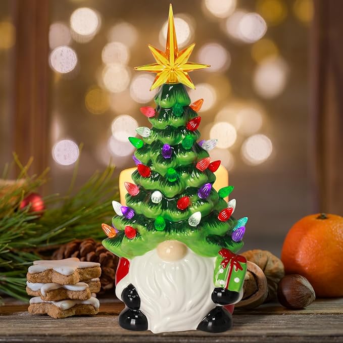 Gnomes Christmas Decorations - 12" Lighted Up Gnomes Ceramic Christmas Tree with 46 Multicolored Lights - Mini Pre-lit Hand-Painted Xmas Tree Decor for Home Indoor