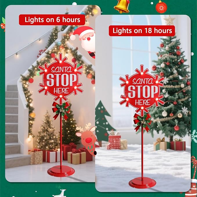 Christmas Santa Stop Here Sign with LED Light Battery Operated with Timer Christmas Stop Sign with Base Xmas Holiday Decorations Patio Lawn Yard Outdoor Display Decor