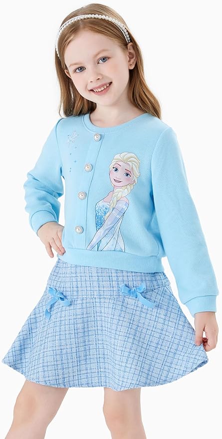 Disney Frozen Elsa Stitch Princess Moana Minnie Toddler Girl 2 Piece Outfit Kid Pearl Button Knit Top & Tweed Skirt Set 2-13Y