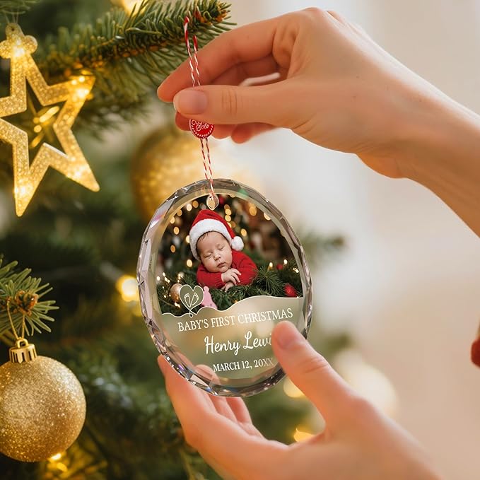 ALBK Custom Baby's First Glass Christmas Ornament 2025 - Personalized Baby Photo Ornament for Christmas Tree, Newborn Birth States Boy Girl Keepsake