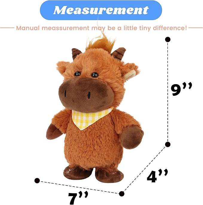 Hopearl Talking Highland Cow with Yellow Bib Repeats What You Say Walking Electric Interactive Animated Toy Speaking Plush Buddy Gifts for Toddlers, Brown, 9''