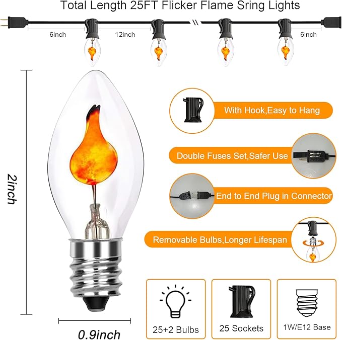C7 Halloween Flicker Flame String Lights, 25Ft C7 Outdoor Christmas Decorations String Lights with C7 Clear Flicker Flame Bulbs, Hanging Patio Lights for Christmas Halloween Party Garden Porch-Black