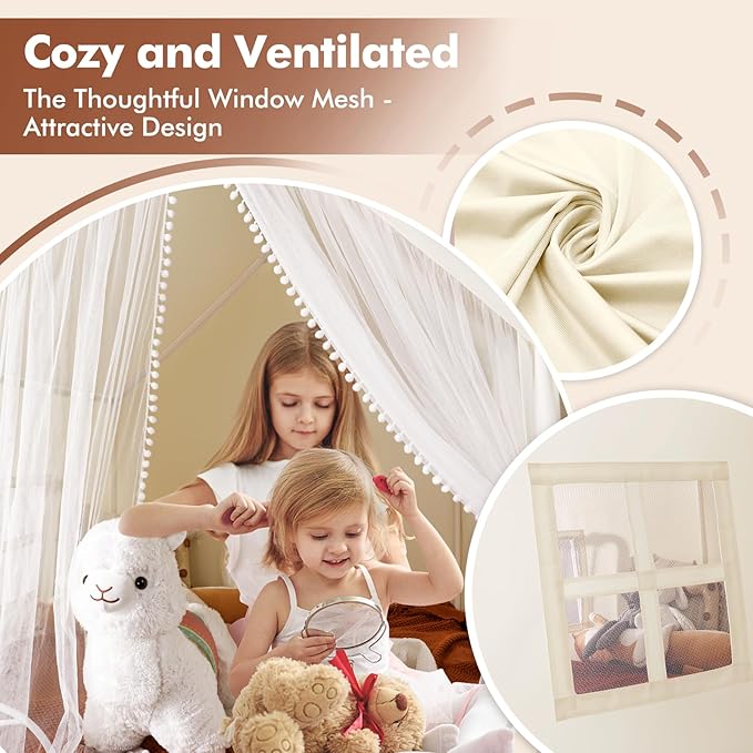 Monobeach Kids Tent Beige Play Tent with Long Mesh Curtain Large Playhouse for Indoor Outdoor Play Cottage Castle Toy for Girls Boys House Gift (Beige Kids Play Tent)
