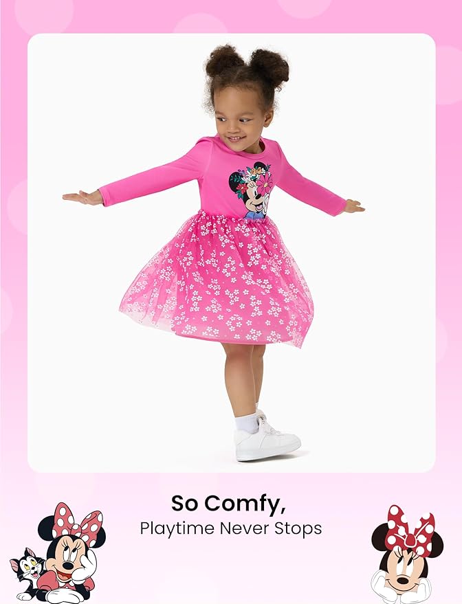 Disney Frozen Elsa Princess Cinderella Ariel Jasmine Rapunzel Baby/Toddler Dress, Ruffle Long-Sleeve Mesh Overlay Tulle Dress