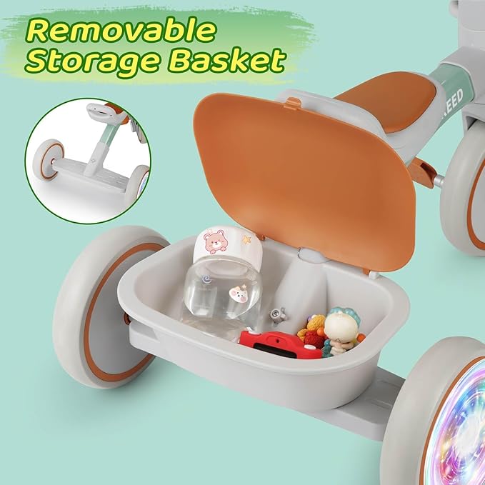 SEREED Colorful Lighting Toddler Tricycle for 2-5 Years Old Boys Girls, Adjustable Seat&Handlebar Trike, Removable Basket, Birthday Gift Idea for Kids Ages 2+ (Green)