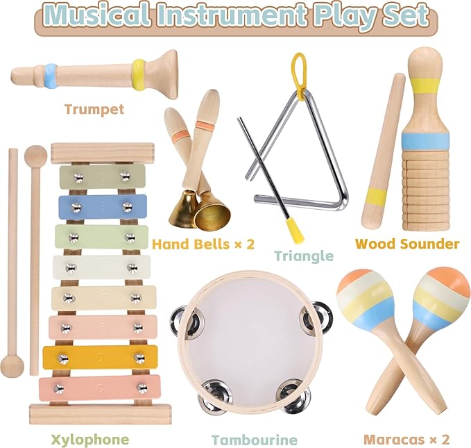 Montessori Wooden Musical Instruments for Toddlers 1-3, Baby Music Toy Set with Xylophone, Tambourine, Triangle, Clarinet, Maracas, Natural Sensory Educational Toys for Boys and Girls