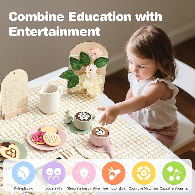 Youuys Wooden Tea Party Set for Toddlers Little Girls with Silicone Teapot Set & Felt Toys & Flower Arranging Toy and Portable Storage Basket, Pretend Play Toys for 3 4 5 6 Year Old Girl