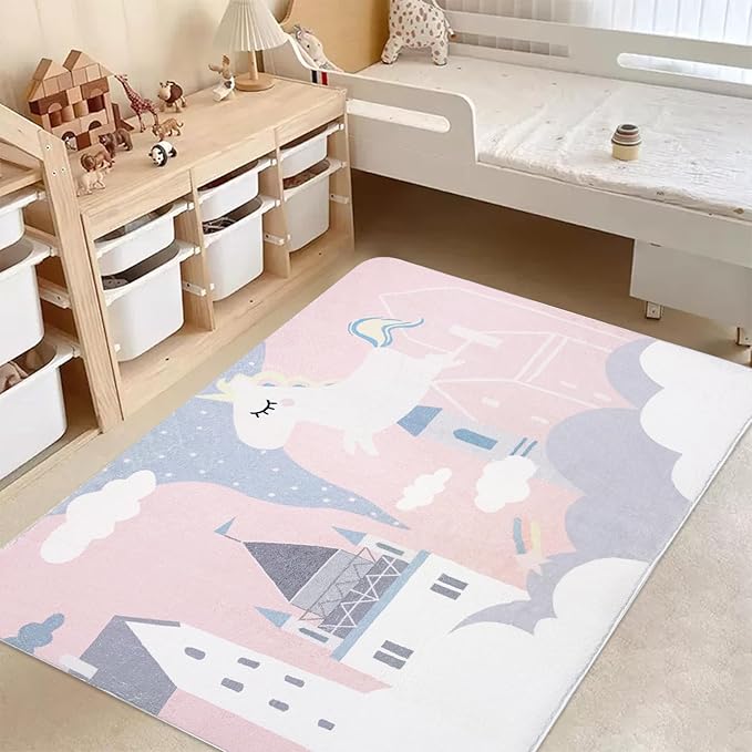 ABREEZE Kids Rug Play Mat Ultra Soft for Room, 4'x5.3' Non Slip Pink Unicorn Children Nursery Baby Area Rug Carpet for Bedroom Decor Playroom Living Room