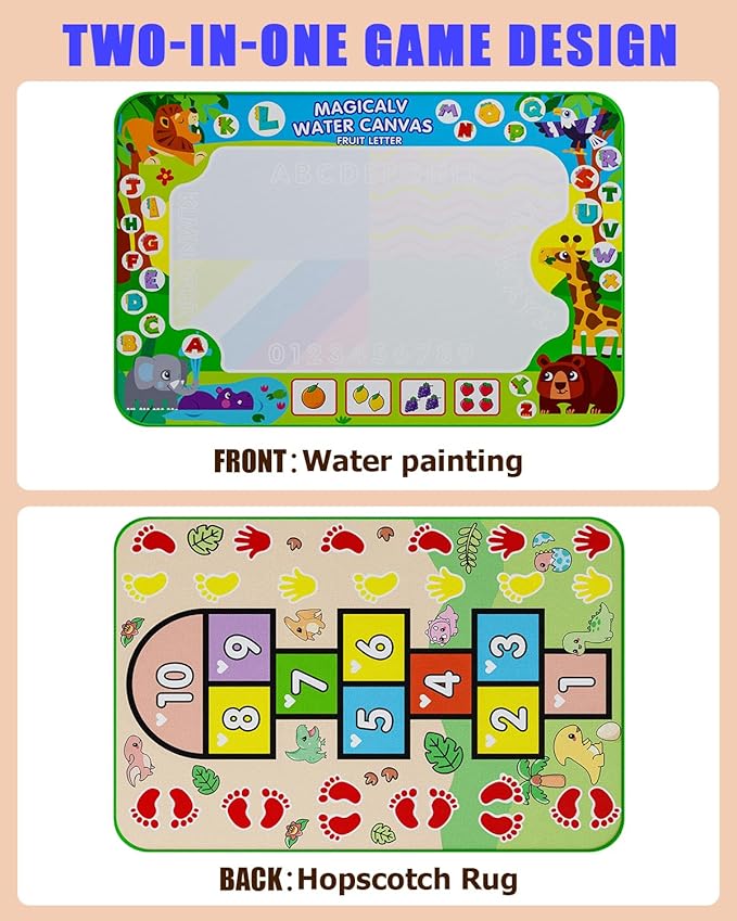 2 in 1 Water Doodle Mat,60 x 40 Inch Extra Large Drawing Mat with Backpack,Hopscotch Rug Design on Back,Educational Toys Gifts for Kids Boys Girls,Mess Free Painting for Toddlers Age 3-12 Year Old