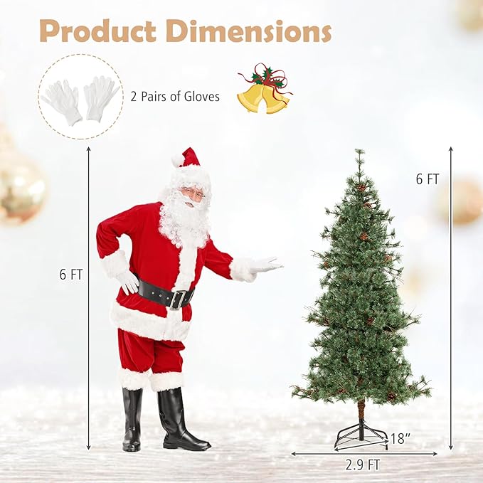 GOFLAME 6FT Pre-lit Christmas Tree, Artificial Xmas Tree with 200 Warm White LED Lights, 370 Branch Tips, Withered Branches, Pine Needles & 22 Pine Cones, Holiday Decoration Tree for Home Party